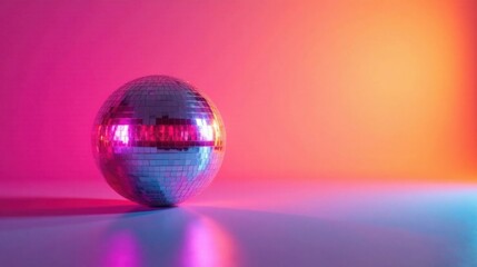 Disco ball in vibrant pink and orange gradient background, reflecting light, celebration, party, nightlife, entertainment, fun, joy