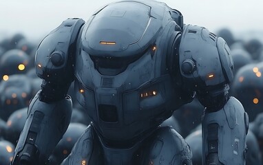 Close-up of a futuristic robot amidst a crowd of similar robots.