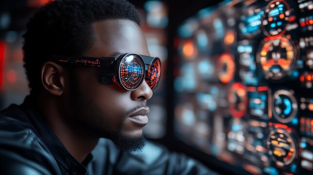 Man with futuristic glasses viewing data.