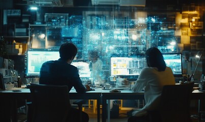 Two professionals analyzing data on screens in a modern office setting.