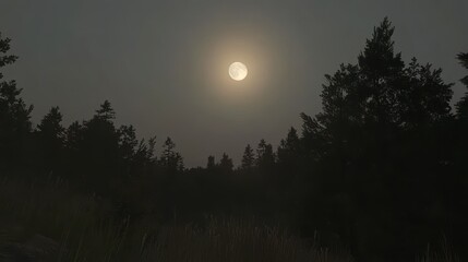 Fototapeta premium Full moon shining over dark silhouetted forest at night.