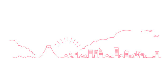 横長のシンプルな街並みと富士山のシルエットの線画イラスト　背景イラスト　都市景観
