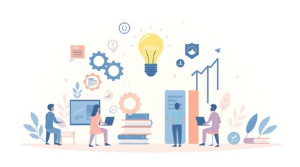 A digital illustration depicting a collaborative workspace with people, books, and lightbulbs.