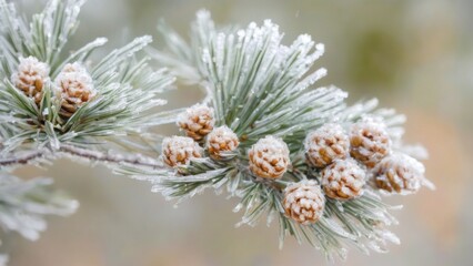 Closeup of frostcovered pine branch with goldenbrown cones, green needles, and glistening frost in a serene natural setting.