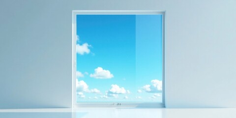 A bright, minimalist room features a large window showcasing a serene, expansive sky filled with fluffy white clouds.