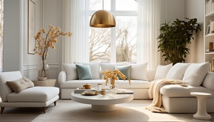 Elegant White Fabric Sofa with Brass Light Fixture in Cozy Modern Living Room with Natural Light and Greenery