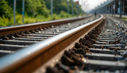 A close-up perspective of railroad tracks, showcasing the intricate details of the rails, ties, and gravel, with the tracks extending towards a vanishing point in the distance
