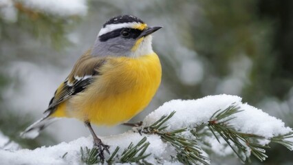 Fototapeta premium Small bird perched on snowy pine branch, with yellow body and gray wings, looking left in serene winter forest.