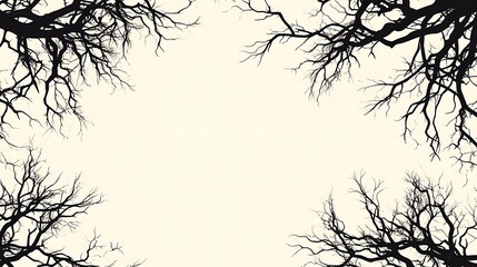 Bare tree branches frame on cream background.