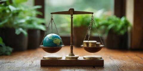 Wooden balance scale with globe and coins, peaceful and serene ambiance in blurred room background, green and blue colors.