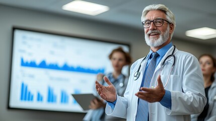 Smiling senior doctor presenting medical data on screen during a meeting with team, wearing lab coat and stethoscope, conveying leadership and expertise in healthcare.