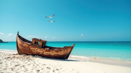Fototapeta premium Sun-Kissed Sands Embrace Weathered Wooden Vessel, Azure Waters Gleam Under a Cloudless Sky, Birds Soar Freely Above
