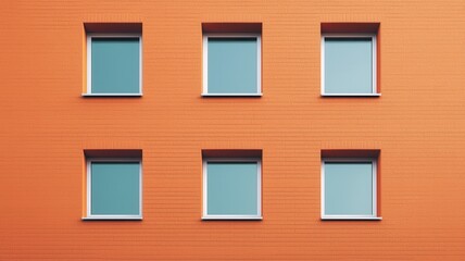 Obraz premium A vibrant orange wall with six rectangular windows, featuring a minimalist design and a contemporary aesthetic.