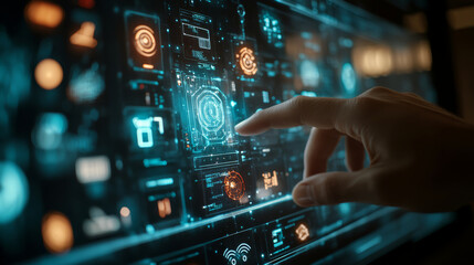Obraz premium Fingers manipulate data on holographic projection screen