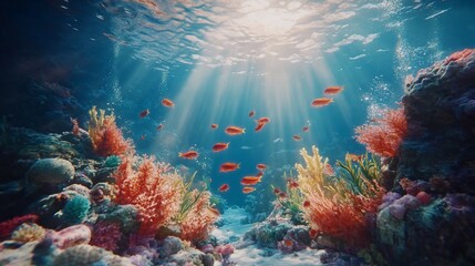 Obraz premium Underwater scene with vibrant corals and fish illuminated by sunlight.