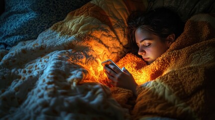 Nighttime comfort - a young woman in her cozy bedroom, smiling gently as she looks her phone, illuminated by soft, soothing light of night, reflecting a calm, personal moment of contentment.