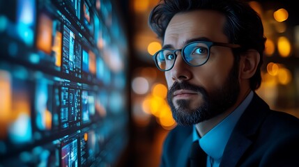 Focused businessman analyzing data on a large screen.