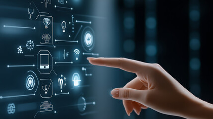 Fototapeta premium Fingers manipulate data on holographic projection screen