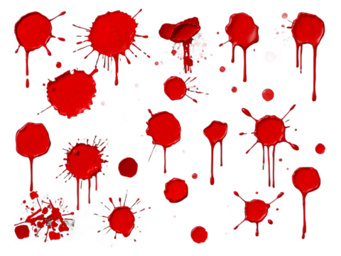 abstract red color splash set isolated on white background. Red paint splashes on PNG transparent background 