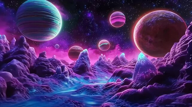 Surreal alien landscape with vibrant purple mountains, glowing rivers, and multiple planets in a starry cosmic sky. Animation looping video background. Generated with AI
