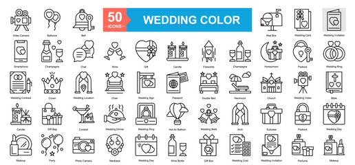 Wedding Color Icon Sheet Makeup, Party, Photo Camera, Necklace, Wedding Day, Wine Bottle, Gift Box, Wedding Cost, Wedding Invitation, Perfume, Candle, Gift Bag, Cocktail, Wedding Dinner, Wedding Ring