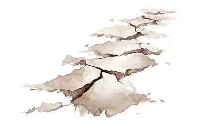 Cracked earth path, sepia watercolor illustration.
