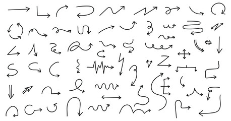 Naklejka premium Big set arrows, hand drawn doodle arrow