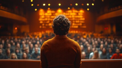 Fototapeta premium Person facing large audience on stage.