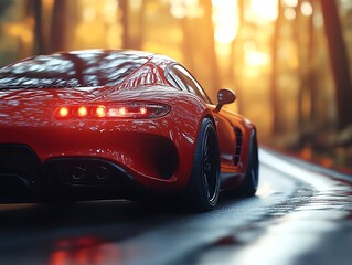 Red sports car driving on a forest road at sunset.