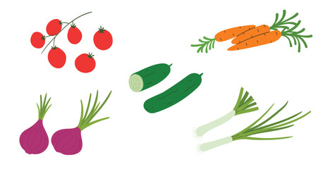 Fresh Vegetable set, onions, cucumber, leek, carrot and cherry tomatoes branch. organic healthy food