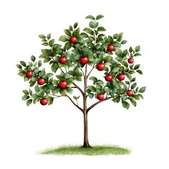 A charming watercolor painting of a young apple tree bursting with bright red apples.