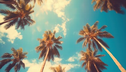 Lush Palm Trees Against a Bright Blue Sky with Fluffy Clouds Creating a Tropical Paradise Atmosphere in Vibrant Colors