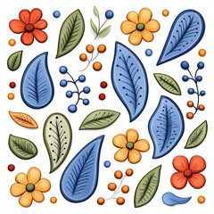 A vibrant and cheerful repeating pattern featuring stylized flowers, leaves, and berries in a mix of orange, yellow, red, and blue.