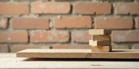 Wooden blocks stacked on a wood plank against a blurred brick background