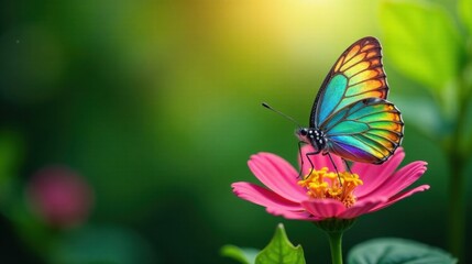 Obraz premium A Vibrant Iridescent Butterfly Perched on a Delicate Pink Flower in a Lush Green Garden, Basking in the Warm Sunlight