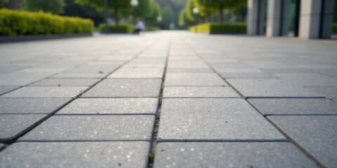 A Ground-Level Perspective of a Modern Pavement, Featuring Interlocking Stone Tiles, and a Blurred Background of Lush Greenery and a Building