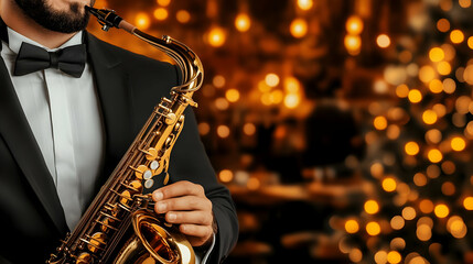 Obraz premium Warm and cool bokeh lights create a dynamic and atmospheric setting as a saxophonist performs in a bustling jazz club, perfectly encapsulating live music and a vibrant nightlife.