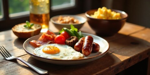 A sunny morning breakfast plate featuring a fried egg, crispy bacon, savory sausages, and a side of fresh greens and tomatoes, alongside a toasted roll and a beverage