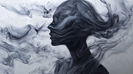 Fototapeta premium A silhouette of a woman in a thick cloud of smoke. The concept of depression and anxiety.