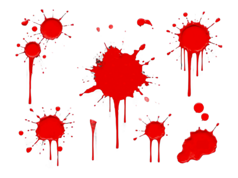 abstract red color splash set isolated on white background. Red paint splashes on PNG transparent background 