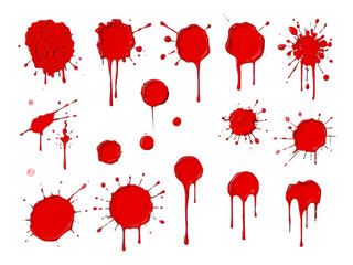abstract red color splash set isolated on white background. Red paint splashes on PNG transparent background 