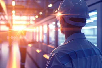 A worker in a safety helmet stands in an industrial setting, illuminated by warm light, suggesting innovation and progress.