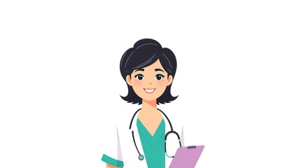 A smiling female doctor holding a clipboard and stethoscope, representing healthcare.