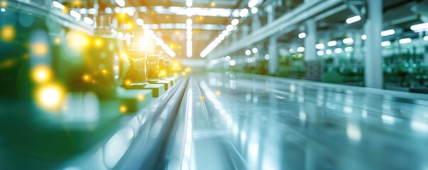 A modern factory interior featuring sleek machinery and illuminated conveyor belts, showcasing an efficient production environment.