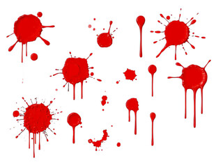 abstract red color splash set isolated on white background. Red paint splashes on PNG transparent background 