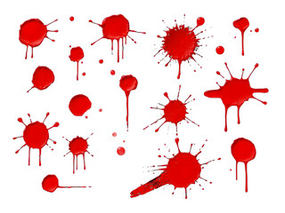 abstract red color splash set isolated on white background. Red paint splashes on PNG transparent background 