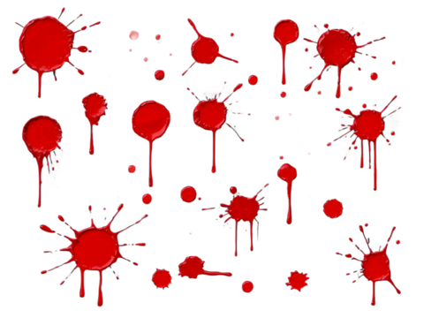 abstract red color splash set isolated on white background. Red paint splashes on PNG transparent background 
