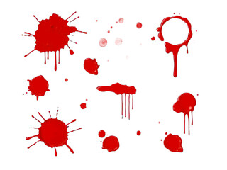 abstract red color splash set isolated on white background. Red paint splashes on PNG transparent background 