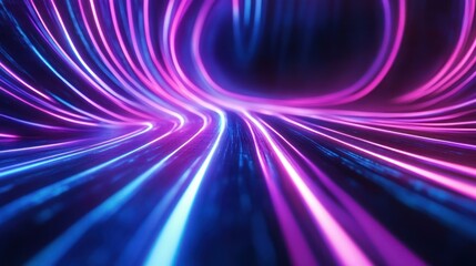 Abstract glowing neon light trails, swirling vibrant pink and blue lines on dark background.