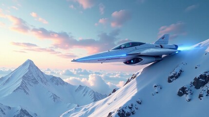 Futuristic Aircraft Soaring Above a Snowy Mountain Range at Dawn, Displaying Sleek Design and Advanced Technology